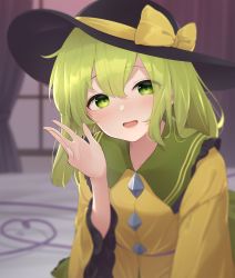 Rule 34 | 1girl, bed, black hat, blouse, blurry, blurry background, blush, bow, collar, crystal, curtains, eyes visible through hair, frills, gradient sky, green eyes, green hair, green skirt, hair between eyes, hand up, hat, hat bow, highres, jewelry, kanpa (campagne 9), komeiji koishi, long sleeves, looking at viewer, open mouth, pink sky, purple sky, shirt, short hair, skirt, sky, smile, solo, sunset, touhou, wide sleeves, window, yellow bow, yellow shirt