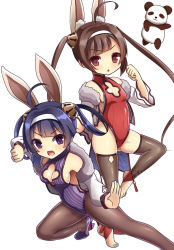 Rule 34 | 2girls, :d, ahoge, animal ears, azur lane, bare shoulders, black legwear, breasts, brown eyes, brown hair, cleavage, cleavage cutout, clothing cutout, fighting stance, fur-trimmed jacket, fur trim, hair rings, hairband, hairpods, highres, jacket, leotard, long hair, long sleeves, looking at viewer, medium breasts, multiple girls, ning hai (azur lane), ning hai (moon palace rabbit) (azur lane), off shoulder, open mouth, panda, pantyhose, parted lips, ping hai (azur lane), ping hai (osmanthus moon rabbit) (azur lane), puffy long sleeves, puffy sleeves, purple eyes, purple footwear, purple hair, purple leotard, rabbit ears, red leotard, shoes, simple background, small breasts, smile, standing, standing on one leg, stirrup legwear, thighhighs, toeless legwear, twintails, v-shaped eyebrows, very long hair, white background, white hairband, white jacket, zetsuei (zetto)