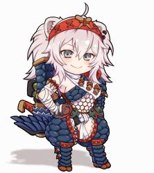 Rule 34 | 1girl, ahoge, animal ears, armor, bad id, bad pixiv id, bandaged arm, bandages, blush, breasts, chibi, closed mouth, full body, grey eyes, hair between eyes, hairband, hand on own hip, hololive, large breasts, lion ears, long hair, miloku, monster hunter (series), monster hunter rise, red hairband, scales, shishiro botan, sidelocks, silver hair, simple background, smile, solo, two side up, virtual youtuber, white background