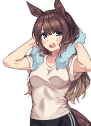 Rule 34 | 1girl, animal ears, arms up, black shorts, blue eyes, blush stickers, breasts, brown hair, commentary request, drying, drying hair, hair down, highres, horse ears, horse girl, horse tail, long hair, medium breasts, mitsurugi sugar, open mouth, shirt, shorts, signature, simple background, solo, tail, tosen jordan (umamusume), towel, umamusume, upper body, white background, white shirt