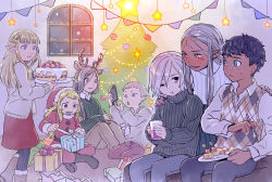 Rule 34 | 3boys, 4girls, :t, animal ears, antlers, argyle, argyle clothes, argyle sweater, black eyes, black hair, black legwear, blonde hair, blue eyes, blue nails, boots, box, braid, cake, cardigan, cellphone, christmas, christmas ornaments, christmas tree, cithis, cup, deer ears, drink, drunk, dungeon meshi, eating, elf, facial mark, fake animal ears, fake antlers, fleki, food, forehead mark, fork, frown, fur trim, gift, gift box, green eyes, grey hair, grin, half updo, hand on another&#039;s shoulder, hat, highres, holding, holding cup, holding fork, holding phone, holding plate, hood, hood down, hoodie, horns, indian style, indoors, kabru, knees up, long hair, looking at another, lycion, mithrun, multiple boys, multiple girls, nail polish, notched ear, otta (dungeon meshi), pants, pantyhose, pattadol, phone, plate, pointy ears, red headwear, red skirt, santa costume, santa hat, shirt, short hair, sitting, skirt, smile, snowing, star (symbol), string of flags, striped clothes, striped legwear, striped pantyhose, sweatdrop, sweater, sweater vest, twintails, uneven eyes, vertical-striped clothes, vertical-striped legwear, vertical-striped pantyhose, walking, wariza, window, yellow eyes