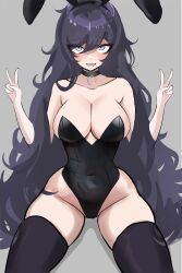 Rule 34 | 1girl, absurdly long hair, absurdres, animal ears, bare shoulders, black leotard, breasts, cameltoe, cleavage, covered navel, creatures (company), curvy, fake animal ears, game freak, hex maniac (pokemon), highleg, highleg leotard, highres, large breasts, leotard, lips, long hair, looking at viewer, miaru, multiple others, narrow waist, nintendo, npc trainer, open mouth, playboy bunny, pokemon, pokemon xy, purple eyes, purple hair, rabbit ears, revealing clothes, shiny skin, smile, solo, thighhighs, thong leotard, v, very long hair, wavy mouth, wide hips