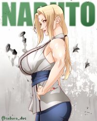 Rule 34 | 1girl, bare shoulders, blue pants, breasts, cropped legs, facial mark, forehead mark, grey kimono, hand on own hip, huge breasts, japanese clothes, kimono, kunai, large breasts, lips, looking at viewer, looking to the side, low twintails, naruto, naruto (series), pants, red nails, saburo des, sash, shuriken, sideboob, sleeveless, solo, standing, text background, toned, tsunade (naruto), twintails, weapon