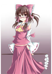Rule 34 | 1girl, bespectacled, bow, brown hair, detached sleeves, dress, female focus, glasses, gohei, gradient background, hair bow, hair tubes, hakurei reimu, highres, japanese clothes, midriff, miko, no panties, oonusa, open mouth, red dress, red eyes, sakakibarayui, solo, touhou