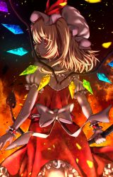 Rule 34 | 1girl, back cutout, black background, blonde hair, bow, burning, closed mouth, clothing cutout, commentary request, cowboy shot, crazy, crystal, fire, flandre scarlet, frilled cuffs, frilled shirt collar, frilled sleeves, frills, from behind, glowing, glowing eyes, hat, hat bow, highres, holding, holding weapon, lace trim, laevatein, looking at viewer, looking back, medium hair, mob cap, one side up, partial commentary, profile, puffy short sleeves, puffy sleeves, rankasei, red bow, red eyes, red skirt, red vest, sash, shards, shirt, short sleeves, skirt, solo, sparks, touhou, vest, weapon, white bow, white sash, white shirt, wide-eyed, wings, wrist cuffs