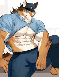 Rule 34 | 1boy, absurdres, animal ears, ao (chung0u0), bara, barrel (live a hero), beige fur, brown fur, bulge, dog boy, dog ears, dog tail, foot out of frame, furry, furry male, hat, highres, live a hero, looking at viewer, male focus, muscular, muscular male, open clothes, open shirt, orange fur, paid reward available, pectorals, police, police hat, police uniform, paid reward available, sitting, solo, spread legs, tail, underpec, uniform