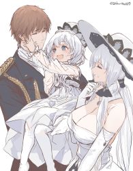 Rule 34 | 1boy, 2girls, :d, absurdres, aged down, azur lane, bare shoulders, blue eyes, blue jacket, breasts, brown hair, choker, cleavage, clenched hand, closed eyes, commander (azur lane), commentary, detached collar, dishwasher1910, dress, elbow gloves, english commentary, father and daughter, gloves, grin, hair ribbon, hat, highres, illustrious (azur lane), jacket, lace-trimmed headwear, lace trim, large breasts, little illustrious (azur lane), long hair, looking at another, military, military jacket, military uniform, mini hat, mother and daughter, multiple girls, open mouth, ribbon, signature, smile, standing, strapless, strapless dress, sun hat, tress ribbon, tri tails, uniform, very long hair, white choker, white dress, white gloves, white hair, white headwear, white legwear, white neckwear