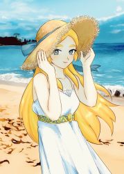 Rule 34 | beach, belt, blonde hair, blue eyes, blush, dress, floating hair, hat, holding, holding clothes, holding hat, long hair, looking at viewer, misomiso21, nintendo, ocean, princess zelda, sky, smile, solo, spaghetti strap, straw hat, the legend of zelda, the legend of zelda: breath of the wild, white dress, wind