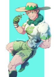 Rule 34 | 1boy, bara, beige headwear, biceps, brown hat, covered abs, creatures (company), evinist, freckles, game freak, gloves, green eyes, green shorts, gym leader, hat, highres, large pectorals, looking at viewer, male focus, midriff peek, milo (pokemon), muscular, nintendo, pectorals, pink hair, pokemon, pokemon swsh, short hair, short sleeves, shorts, side slit, side slit shorts, single glove, smile, solo, sun hat, teeth, thighs, two-tone background