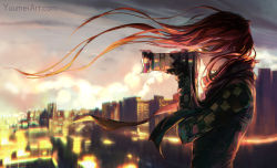 Rule 34 | 1girl, blurry, blurry background, camera, city, closed mouth, commentary, english commentary, fingerless gloves, fisheye placebo, gloves, green eyes, highres, long hair, profile, red hair, robin (fisheye placebo), scarf, solo, standing, watermark, web address, yuumei