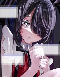 Rule 34 | 1girl, absurdres, amami (nakayp41), ame-chan (needy girl overdose), black hair, black ribbon, closed mouth, collared shirt, hair ornament, hair over one eye, hands up, highres, long hair, looking at viewer, neck ribbon, needy girl overdose, red shirt, ribbon, shirt, solo, suspenders, twintails, upper body, window (computing), x hair ornament