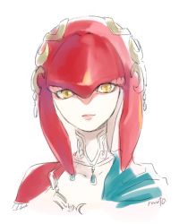 Rule 34 | 1girl, fish girl, jewelry, looking at viewer, mipha, necklace, nintendo, portrait, sakurai muto, simple background, solo, the legend of zelda, the legend of zelda: breath of the wild, white background, yellow eyes, zora