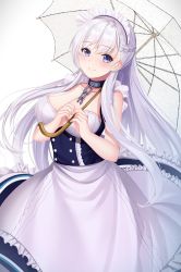 Rule 34 | 1girl, apron, azur lane, belfast (azur lane), blue eyes, blush, braid, breasts, chain, cleavage, collar, collarbone, corset, dhfz181, dress, french braid, frills, gloves, gradient background, highres, holding, holding umbrella, large breasts, long hair, looking at viewer, maid, maid headdress, silver hair, smile, solo, umbrella, white background, white gloves