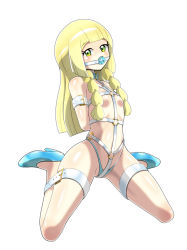 Rule 34 | 1girl, absurdres, arms behind back, ball gag, bdsm, blonde hair, blue footwear, blue panties, blush, bondage, bound, braid, breasts, collar, creatures (company), gag, gagged, game freak, green eyes, harness, high heels, highres, latex, lillie (pokemon), long hair, nintendo, no nipples, panties, pokemon, pokemon sm, restrained, shiny clothes, shiny skin, shoukin500, slave, small breasts, thick thighs, thighs, thong, underwear