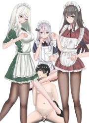 Rule 34 | 1boy, 3girls, apron, bare legs, black footwear, black hair, black legwear, blue eyes, bow, breasts, brown eyes, brown hair, clothed female nude male, condom, condom in mouth, cum, cum in container, cum in cup, cup, femdom, green eyes, hair bow, high heels, holding, holding condom, holding cup, long hair, looking at viewer, maid, maid apron, maid headdress, masochism, medium breasts, mouth hold, multiple girls, neri aisu, nude, original, pantyhose, sadism, short hair, sitting, standing, white apron, white background, white hair