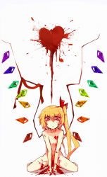 Rule 34 | 1girl, blonde hair, blood, bow, female focus, flandre scarlet, hair bow, heart, highres, jpeg artifacts, looking down, nude, red eyes, ribbon, side ponytail, simple background, sitting, solo, terada tera, touhou, white background, wings