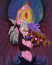 Rule 34 | abs, absurdres, artist request, big hair, breasts, card, demon wings, duel disk, duel monster, fangs, fingernails, heterochromia, highres, looking at viewer, playing card, playing games, simple background, solo, spiked hair, third eye, twitter username, wide hips, wings, yu-gi-oh!, yubel