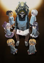 Rule 34 | aged down, ainz ooal gown, albedo (overlord), aura bella fiora, black hair, black wings, blonde hair, book, chibi, child, cocytus (overlord), demiurge, demon girl, demon horns, demon wings, glasses, heterochromia, highres, horns, leveach, looking at viewer, mare bello fiore, open mouth, overlord (maruyama), round eyewear, sebas tian, shalltear bloodfallen, silver hair, simple background, smile, wings