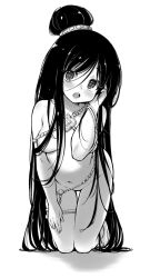 Rule 34 | 1girl, alphy, black hair, blush, breasts, breasts apart, collarbone, come hither, greyscale, head tilt, highres, kneeling, leaning forward, long hair, looking at viewer, medium breasts, monochrome, navel, nude, open mouth, simple background, solo, stomach, teeth, thigh strap, tongue, very long hair, white background