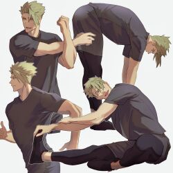 Rule 34 | 1boy, absurdres, achilles (fate), bent over, black footwear, black pants, closed mouth, fate/apocrypha, fate (series), flexing, from side, green hair, grey tunic, hair over one eye, haruakira, highres, male focus, multiple views, open mouth, pants, running, short hair, simple background, sitting, stretching, undercut, white background