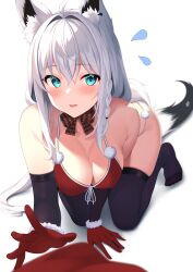 Rule 34 | 1girl, ahoge, all fours, animal ear fluff, animal ears, bikini, black thighhighs, blush, braid, breasts, cleavage, commentary request, earrings, elbow gloves, flying sweatdrops, fox ears, fox girl, fox tail, gloves, green eyes, hair between eyes, highres, hololive, jewelry, koko sokodoko, large breasts, long hair, looking at viewer, open mouth, santa bikini, shirakami fubuki, sidelocks, simple background, single braid, solo, swimsuit, tail, thighhighs, virtual youtuber, white background, white hair