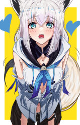 Rule 34 | 1girl, absurdres, animal ears, arms behind back, black shorts, blue eyes, blue neckerchief, blue ribbon, blush, border, braid, commentary, detached sleeves, fox ears, fox girl, fox tail, hair between eyes, heart, highres, hololive, hood, hoodie, leaning forward, long hair, long sleeves, looking at viewer, midriff, navel, neckerchief, open mouth, ribbon, shirakami fubuki, shirakami fubuki (1st costume), short shorts, shorts, side braid, sidelocks, simple background, solo, tail, tanishi (hetianming11093), teeth, virtual youtuber, white border, white hair, white hoodie, white sleeves, yellow background