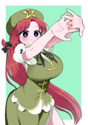 Rule 34 | 1girl, absurdres, beret, blouse, blue eyes, braid, breasts, chinese clothes, foreshortening, green hat, hat, highres, hong meiling, large breasts, long hair, looking at viewer, perspective, puffy sleeves, red hair, shirt, short sleeves, simple background, skirt, smile, solo, star (symbol), stretching, touhou, twin braids, very long hair, white shirt, zurikishi