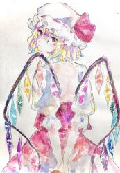 Rule 34 | 1girl, absurdres, arms behind back, blonde hair, closed mouth, commentary, cowboy shot, crystal, flandre scarlet, frilled sleeves, frills, from behind, hair between eyes, hat, hat ribbon, head tilt, highres, looking at viewer, looking back, medium hair, multicolored wings, navybluesparrow, one-hour drawing challenge, puffy short sleeves, puffy sleeves, red eyes, red ribbon, red skirt, red vest, ribbon, ribbon-trimmed headwear, ribbon trim, shirt, short sleeves, simple background, skirt, solo, touhou, traditional media, v arms, vest, white background, white hat, white shirt, wings