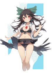 Rule 34 | 1girl, absurdres, ahoge, bikini, bird wings, black bikini, black hair, black skirt, black wings, blush, bow, breasts, cleavage, closed mouth, collared shirt, commentary request, cropped legs, feet out of frame, floating hair, green bow, hair bow, hand up, highres, large breasts, long hair, looking at viewer, low wings, medium bangs, miniskirt, mole, mole on breast, navel, open clothes, open shirt, red eyes, reiuji utsuho, shirt, short sleeves, skirt, smile, solo, swimsuit, tetsurou (fe+), third eye, touhou, white shirt, wind, wind lift, wings