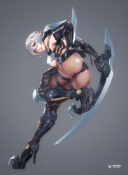 Rule 34 | 1girl, ass, bare shoulders, black panties, blade, breasts, character name, claws, cyborg, full body, grey background, hand on own hip, high heels, highres, holding, holding weapon, large breasts, looking at viewer, mecha musume, mechanical arms, mechanical legs, open mouth, panties, pantyhose, pantyshot, plugsuit, running, short hair, silver hair, simple background, solo, standing, standing on one leg, underboob, underwear, weapon, wei (kaminari0411), yellow eyes