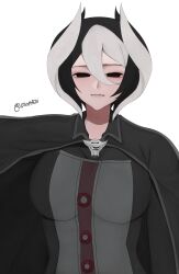Rule 34 | absurdres, black cape, black eyes, black hair, black shirt, breasts, cape, highres, made in abyss, medium breasts, old, old woman, ozen, self-upload, shirt, short hair, standing