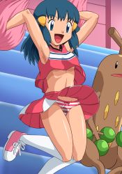 Rule 34 | 1girl, :d, blue eyes, blue hair, blush, breasts, cameltoe, cheerleader, cleavage, clothes lift, creatures (company), dawn (pokemon), from below, game freak, gen 2 pokemon, happy, jumping, lingerie, lowres, matching hair/eyes, miniskirt, navel, nintendo, open mouth, panties, pantyshot, pee, peeing, peeing self, pokemoa, pokemon, pokemon (creature), pom pom (cheerleading), skirt, skirt lift, small breasts, smile, socks, solo, striped clothes, striped panties, sudowoodo, thighs, underboob, underwear, upskirt, wet, wet clothes, wet panties