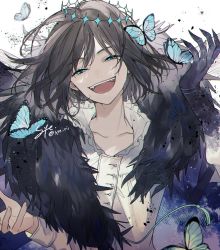 Rule 34 | 1boy, :d, alternate hair color, arthropod boy, black fur, black hair, blouse, blue butterfly, blue eyes, bug, butterfly, cape, collared shirt, commentary request, crown, diamond hairband, evil smile, fangs, fate/grand order, fate (series), fur collar, fur trim, highres, insect, insect wings, long sleeves, looking at viewer, male focus, medium hair, oberon (fate), oberon (third ascension) (fate), official alternate costume, open mouth, shirt, signature, simple background, smile, solo, spoilers, syerii, twitter username, upper body, white background, white shirt, wings