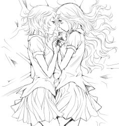 Rule 34 | 2girls, blush, face-to-face, facing another, greyscale, long hair, looking at another, lying, monochrome, multiple girls, original, ratana satis, school uniform, skirt, smile, yuri