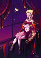 Rule 34 | 1girl, anklet, arabian clothes, barefoot, blonde hair, capri pants, crescent moon, curtains, flower, harem outfit, jewelry, long hair, midriff, moon, original, pants, smelling, very long hair, yellow eyes