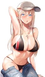 Rule 34 | 1girl, :o, arm up, armpits, bikini, bismarck (kancolle), black bikini, blonde hair, blue eyes, blush, breasts, cleavage, cross, cross necklace, denim, grey hat, hair between eyes, hand in own hair, hat, highres, jeans, jewelry, kantai collection, large breasts, long hair, miyako (rgrayt), necklace, open mouth, open pants, pants, simple background, sitting, solo, swimsuit, white background