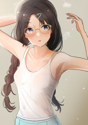 Rule 34 | 1girl, armpits, arms up, blue pants, blush, braid, breasts, brown hair, c yorimo, collarbone, glasses, greyscale, highres, idolmaster, idolmaster shiny colors, looking afar, mitsumine yuika, monochrome, pants, parted bangs, simple background, small breasts, solo, steam, sweatdrop, tank top, track pants, twin braids, white tank top