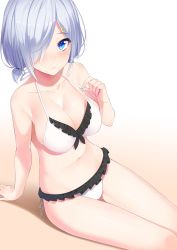 Rule 34 | 10s, 1girl, alternate hairstyle, arm support, bare arms, bare shoulders, bikini, blue eyes, blush, breasts, cleavage, closed mouth, collarbone, fingernails, frilled bikini, frills, from above, gradient background, hair ornament, hair over one eye, hair tie, hairclip, halterneck, hamakaze (kancolle), hand up, highres, kantai collection, large breasts, legs together, looking at viewer, looking up, low twintails, navel, nezumi doshi, parted bangs, pink background, shadow, shiny skin, short hair, short ponytail, short twintails, side-tie bikini bottom, silver hair, sitting, solo, stomach, strap pull, swimsuit, thighs, twintails, white bikini