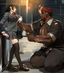 Rule 34 | 1boy, 1girl, bara, beard, black footwear, black hair, black jumpsuit, black thighhighs, blunt bangs, collared shirt, commentary, crying, crying with eyes open, dark-skinned male, dark skin, facial hair, flaming eye, full beard, full body, hephaestus (housamo), highres, jumpsuit, large pectorals, loafers, long hair, looking at another, muscular, muscular male, necktie, open clothes, open mouth, pectoral cleavage, pectorals, pleated skirt, protagonist 2 (housamo), red hair, red necktie, scar, scar on arm, scar on chest, scar on face, school uniform, shirt, shoes, short hair, sidelocks, size difference, skirt, tass commuovere, tears, thick eyebrows, thighhighs, tokyo houkago summoners, white shirt, zettai ryouiki