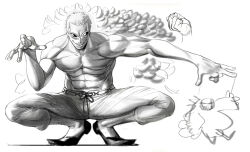 Rule 34 | 1boy, abs, absurdres, arm up, blonde hair, capri pants, coat, collarbone, donquixote doflamingo, feather coat, highres, inkiedraws, leg hair, looking at viewer, male focus, monochrome, muscular, muscular male, navel, one piece, open mouth, pants, pectorals, short hair, simple background, sketch, smile, squatting, sunglasses, thread, topless male, white background