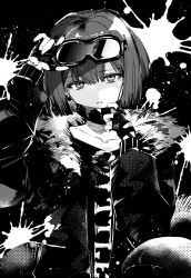 Rule 34 | 1girl, andreana (arknights), arknights, ba kanoko, commentary request, fingerless gloves, fur-trimmed jacket, fur trim, gloves, goggles, goggles on head, greyscale, highres, jacket, long sleeves, looking at viewer, mask, mask pull, monochrome, mouth mask, open clothes, open jacket, parted lips, shirt, short hair, solo, tentacles, upper body