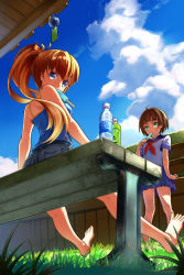 Rule 34 | 2girls, ahoge, bare legs, bare shoulders, barefoot, belt, bench, blonde hair, blue eyes, blue shirt, blue sky, blunt bangs, blurry, blush, bob cut, bottle, brown hair, bush, camisole, cloud, day, depth of field, eating, fence, food, from behind, from below, full body, grass, green eyes, highres, karakushi, long hair, looking at viewer, looking back, mouth hold, multiple girls, original, outdoors, plant, pleated skirt, pocari sweat, popsicle, sailor collar, school uniform, serafuku, shirt, short hair, short sleeves, sitting, skirt, sky, sleeveless, sleeveless shirt, spaghetti strap, standing, sunlight, tareme, toes, water bottle, white shirt, wind chime, wooden fence