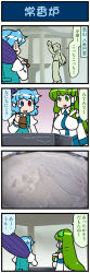 Rule 34 | 2girls, 4koma, architecture, artist self-insert, blue eyes, blue hair, comic, commentary request, detached sleeves, east asian architecture, closed eyes, frog hair ornament, green eyes, green hair, hair ornament, hair tubes, hand up, heterochromia, highres, holding, holding umbrella, japanese clothes, juliet sleeves, kochiya sanae, long hair, long sleeves, mizuki hitoshi, multiple girls, nontraditional miko, open mouth, paw print, photo inset, puffy sleeves, red eyes, sand, short hair, smile, snake hair ornament, sweatdrop, tatara kogasa, touhou, translation request, umbrella, vest, wide sleeves
