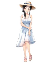 Rule 34 | 1girl, bare arms, bare shoulders, black hair, blush, braid, breasts, dress, feet, female focus, full body, hair over shoulder, hand on own arm, happy, hat, highres, irohakaede, knees together feet apart, large breasts, legs, light blush, long hair, looking at viewer, mole, mole under mouth, original, sandals, single braid, smile, solo, standing, straw hat, thighs, toes, transparent background, white dress, yellow eyes
