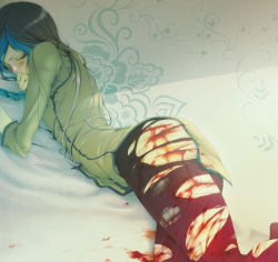 Rule 34 | 1boy, ass, bleeding, blood, blue hair, blush, china dress, chinese clothes, crossdressing, cuts, dress, guro, injury, long hair, looking back, lying, male focus, multicolored hair, on stomach, pain, pantyhose, red eyes, shade, shion (kof), snk, solo, streaked hair, the king of fighters, thick thighs, thighs, torn clothes, torn pantyhose, trap, yoshii