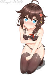 Rule 34 | 10s, 1girl, ahoge, alternate costume, bad id, bad pixiv id, bare shoulders, black bra, black panties, black thighhighs, blue eyes, bra, braid, breast hold, breasts, brown hair, cat cutout, cat ear panties, cat lingerie, cleavage cutout, clothing cutout, collarbone, covering privates, covering crotch, embarrassed, from above, hair flaps, hair over shoulder, kantai collection, meme attire, mochi chuuyuu, navel, panties, seiza, shigure (kancolle), shigure kai ni (kancolle), side-tie panties, simple background, single braid, sitting, small breasts, solo, stomach, sweatdrop, thighhighs, twitter username, underwear, underwear only, white background
