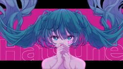 Rule 34 | 1girl, aqua eyes, blue hair, character name, collarbone, facial tattoo, fist in hand, floating hair, hand to own mouth, hatsune miku, highres, katorea, long hair, looking at viewer, own hands together, portrait, solo, tattoo, topless, twintails, very long hair, vocaloid
