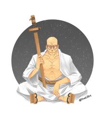 Rule 34 | 1boy, artist name, bald, closed mouth, commentary, english commentary, ethan-baron v. nusjuro, full body, glasses, holding, holding sword, holding weapon, indian style, japanese clothes, katana, kimono, looking at viewer, male focus, one piece, round eyewear, sandals, sitting, solo, sword, twitter username, weapon, white kimono, yueliart