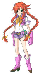 Rule 34 | 1girl, ahoge, arms at sides, belt, blue shorts, boots, braid, collar, cowboy boots, full body, gloves, green eyes, hair ribbon, heart, high heels, knee boots, legs, long hair, open mouth, pink footwear, pink gloves, rebecca streisand, red hair, ribbon, shirt, shoes, shorts, sidelocks, simple background, solo, taoresou, taut clothes, thighs, twintails, vest, white background, wild arms, wild arms 5