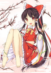 Rule 34 | 1girl, :d, amemiya ruki, anklet, bare shoulders, barefoot, blush, bow, brown eyes, brown hair, cherry blossoms, detached sleeves, gradient background, hair bow, hair ribbon, hair tubes, hakurei reimu, highres, jewelry, large bow, legs, long hair, looking at viewer, open mouth, ribbon, sitting, smile, solo, touhou